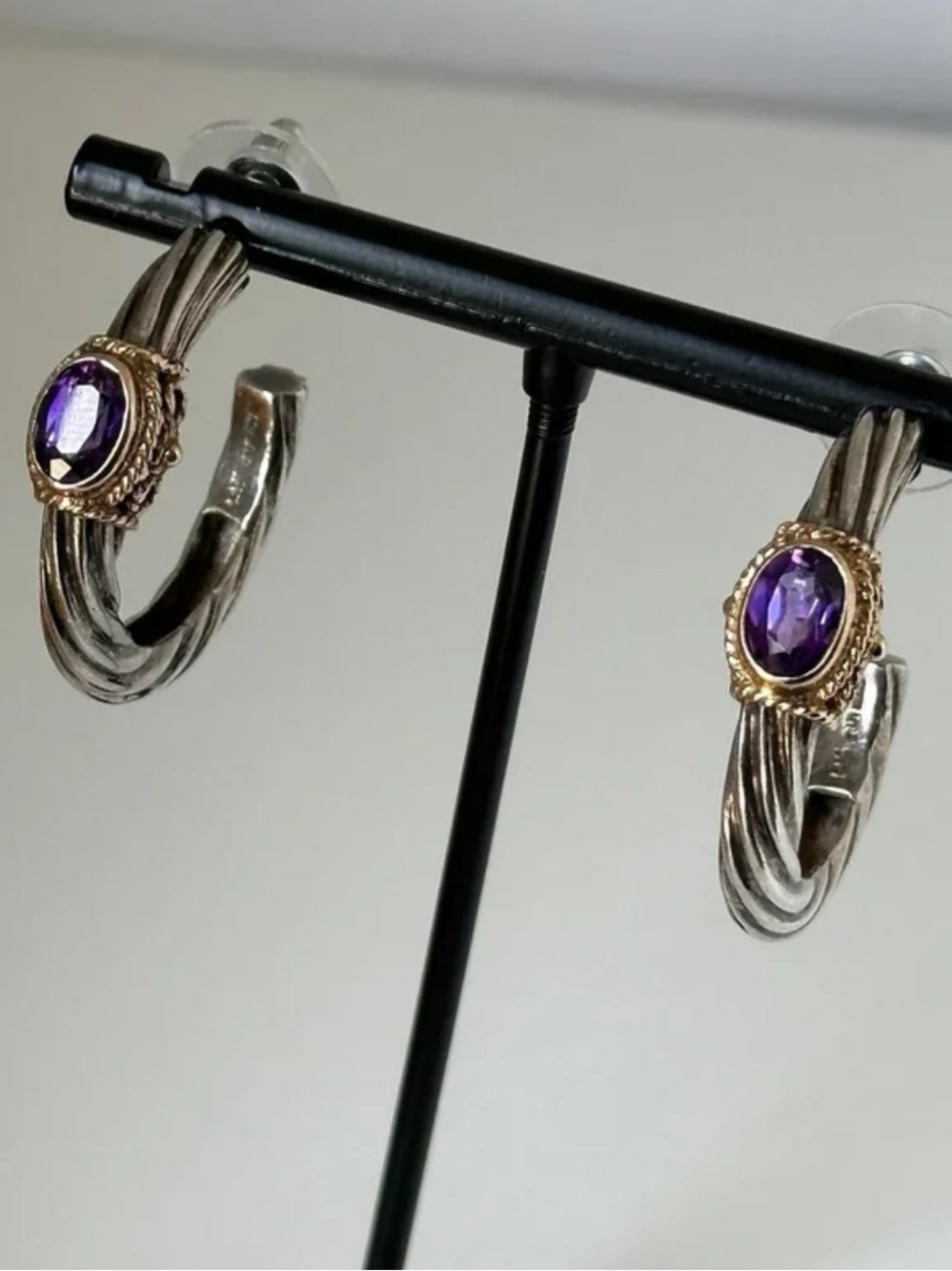 Vintage 14k Gold + Sterling | HOOP EARRINGS | Amethysts / Bezel Set / Cable Look